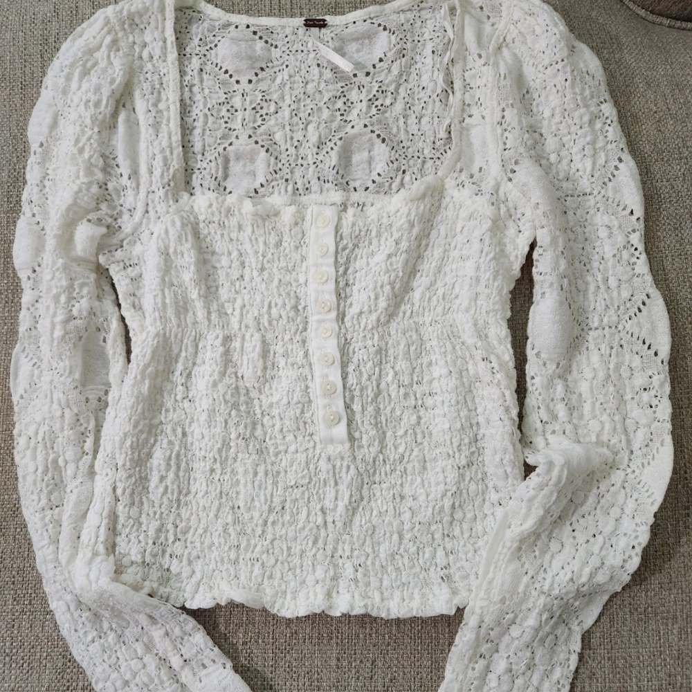 Free People Ivory Lace Button-Front Blouse